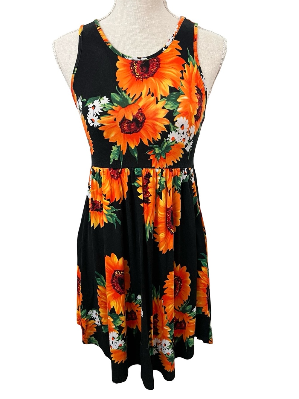 Black Sunflower Print Tank Dress - Orange Floral Summer Dress